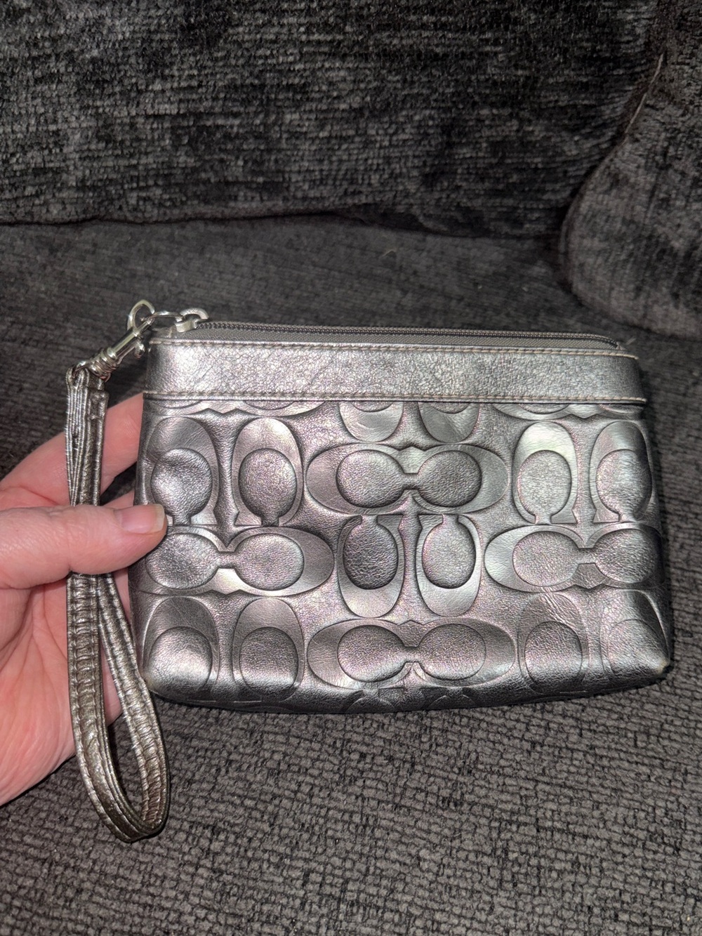 Coach Metallic Embossed Signature Wristlet - Silver